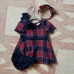 Janie and Jack Plaid Jacquard Dress and Bow Headband- Bradbury Red Plaid Holiday